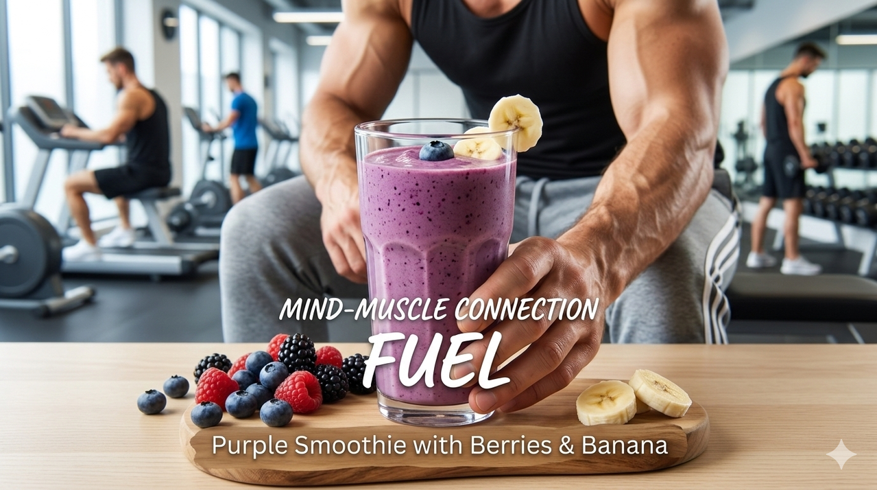 Glass of purple smoothie with berries and banana for mind-muscle connection and how to feel every rep fuel