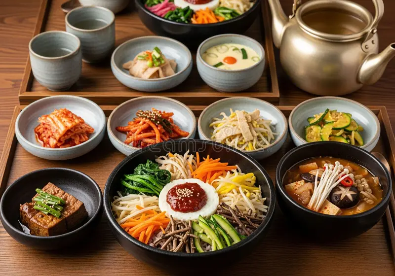 authentic korean bibimbap meal set doenjang jjigae assorted banchan vibrant beautifully arranged rus