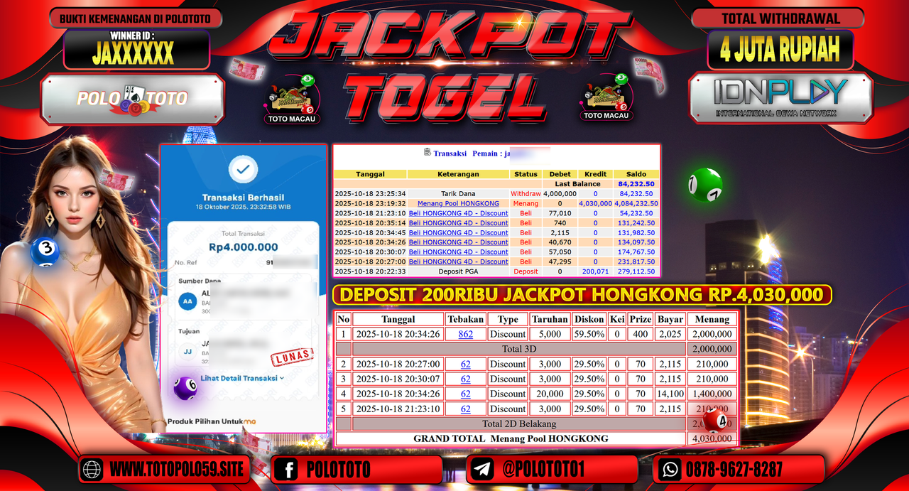 POLOTOTO JACKPOT TOGEL MENANG HONGKONG LOTTO Rp.4.000.000,- LUNAS