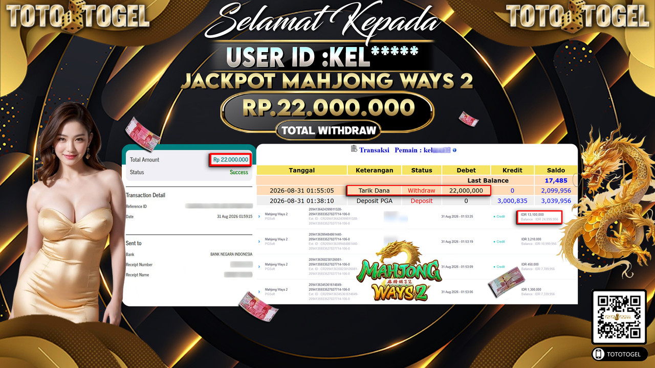 Bukti Pembayaran Jackpot Slot Mahjong Ways 2 ID:KEL*****LUNAS