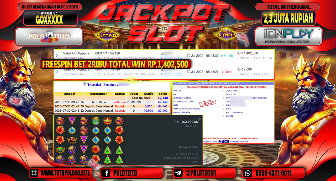 POLOTOTO JACKPOT SLOT GATES OF OLYMPUS Rp.2.300.000,- LUNAS
