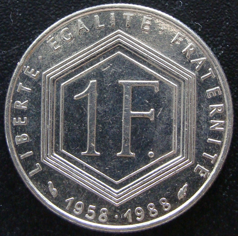 1 Franco. Francia (1988) 30º Aniversario de la V República. FRA-1-Franco-1988-30-aniversario-5-Rep-blica-rev