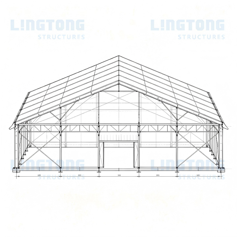 Technical drawing of A-frame stadium tent showing structural dimensions and frame specifications