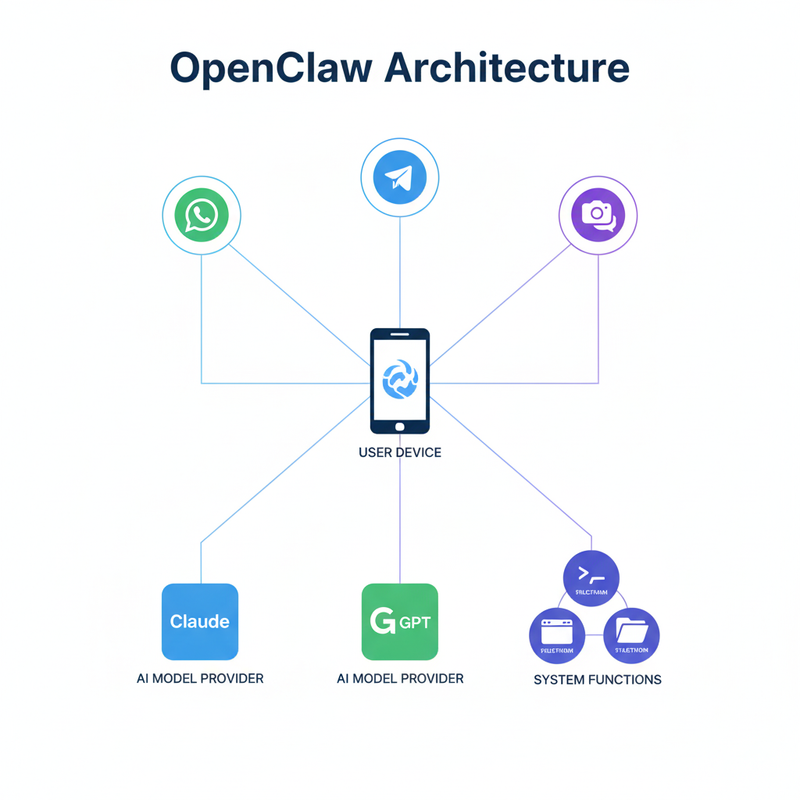 Technical infographic flowchart showing OpenClaw architecture and messaging connections