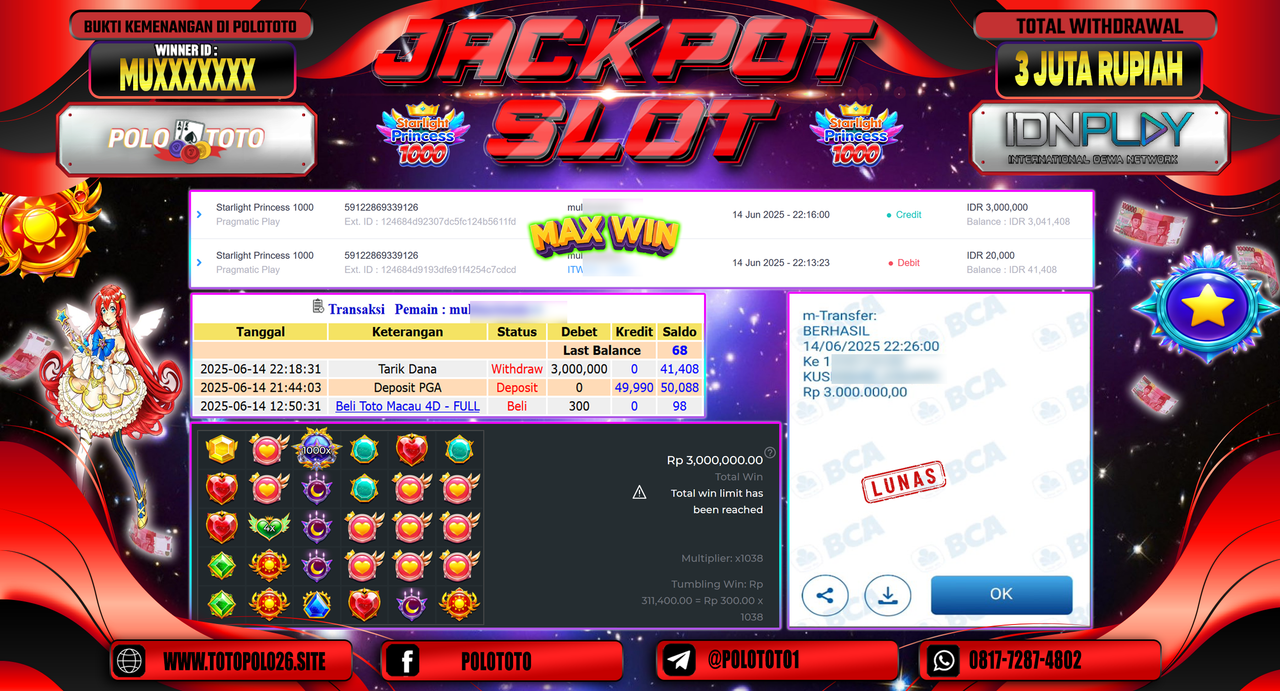POLOTOTO JACKPOT SLOT STARLIGHT PRINCESS 1000 Rp.3.000.000,-