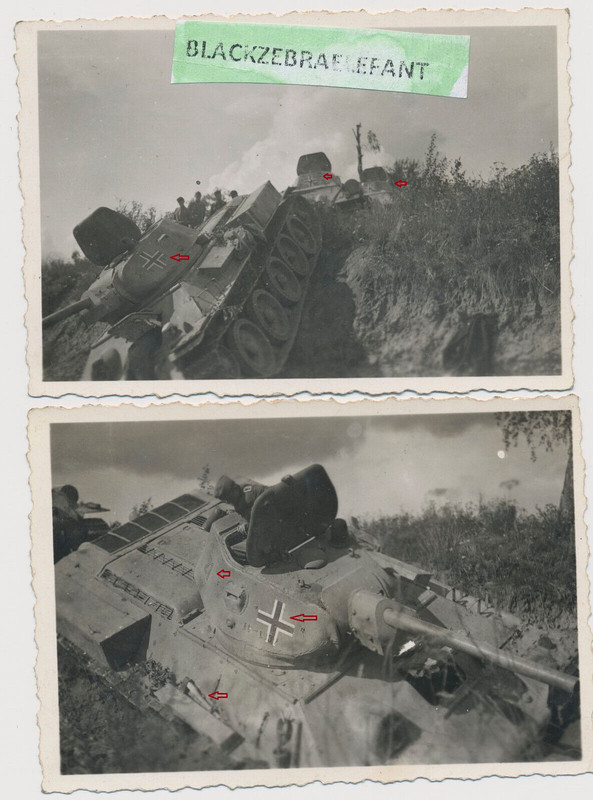 WK2 FOTO 2x BEUTE T34 Panzer mit Balkenkreuz im Gelände