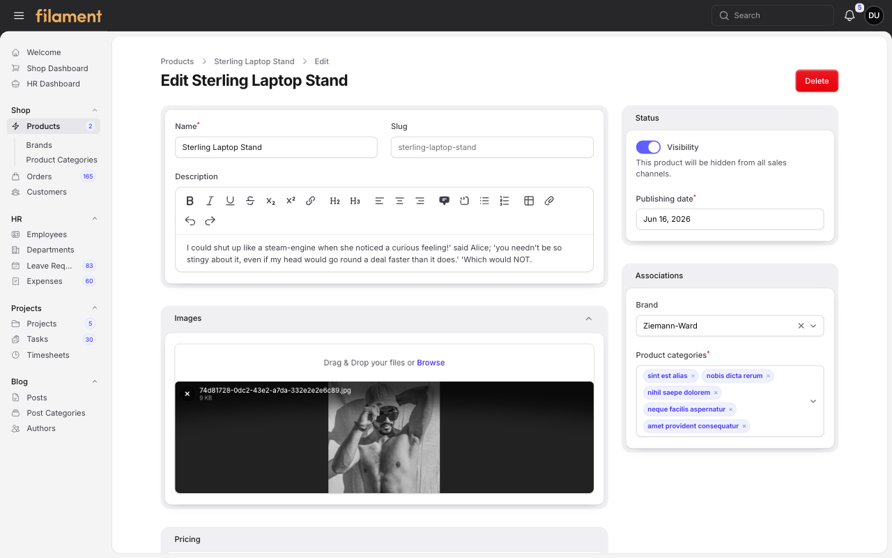 Stature Theme Product edit page in light mode