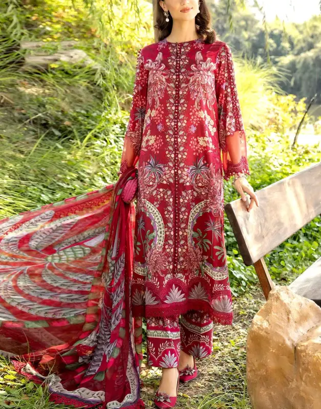 All-Over Print Embroidered Lawn Dress 2025 with Chiffon Dupatta
