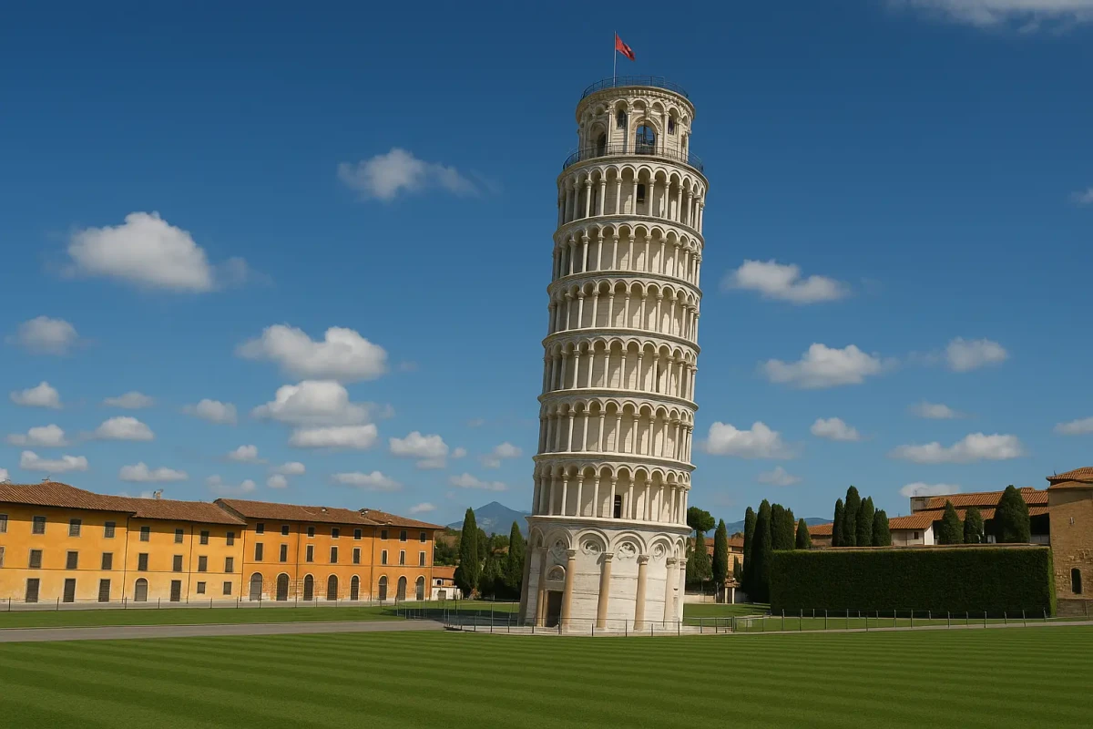 Leaning Tower of Pisa, Italy - Famous Historical Landmark and Tourist Attraction Leaning Tower of Pisa in Italy with clear blue sky and green lawn, a famous historical landmark and tourist attraction.