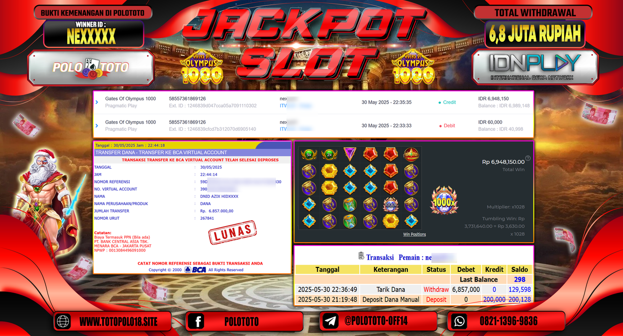POLOTOTO JACKPOT SLOT GATES OF OLYMPUS 1000 Rp.6.857.000,-