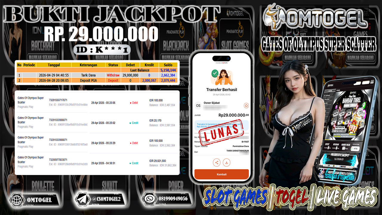 OMTOGEL JACKPOT PRAGMATIC PLAY GATES OF OLYMPUS SUPER SCATTER , 29 JUTA DI BAYAR LUNAS ,-