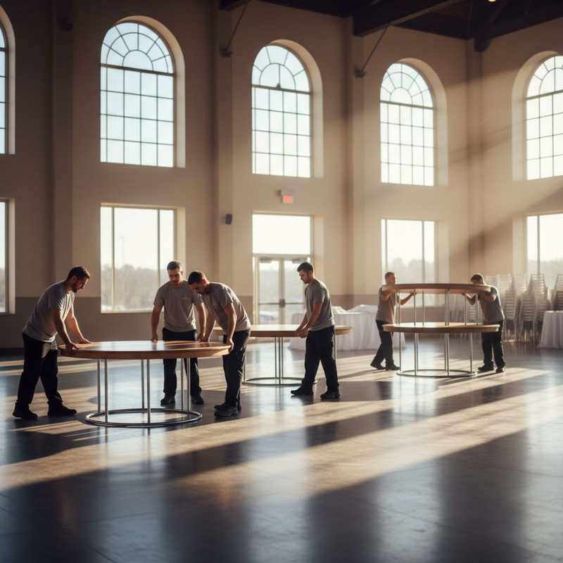 Процесс подготовки площадки: профессиональная доставка и аренда столов, монтаж мебели в банкетном зале перед началом мероприятия.