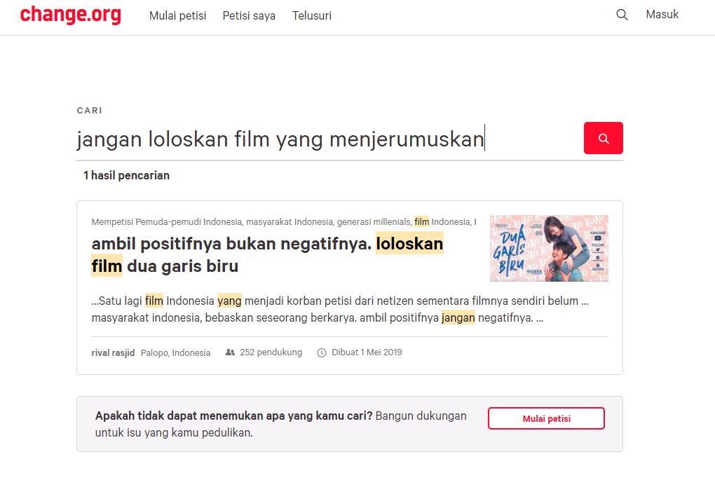 Petisi yang mendukung film Dua Garis Biru