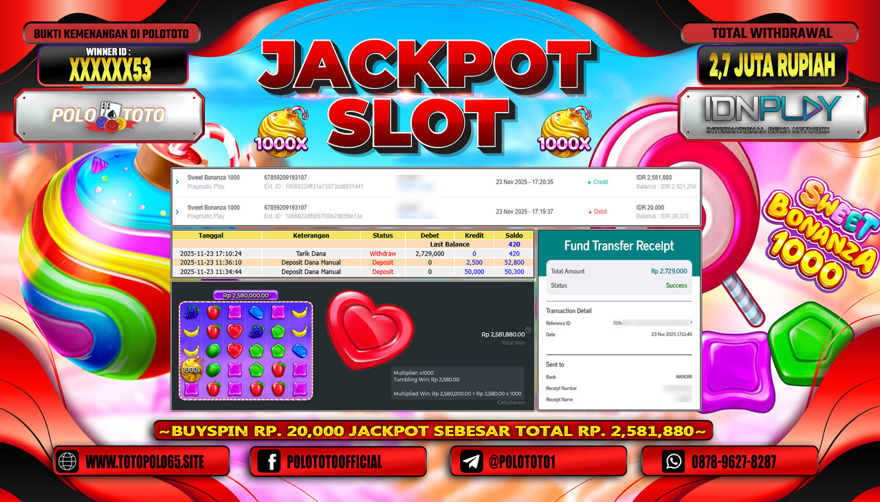 POLOTOTO JACKPOT SLOT SWEET BONANZA 1000 Rp.2.729.000,- LUNAS