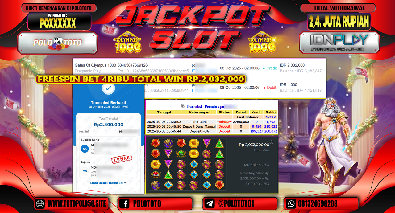 POLOTOTO JACKPOT SLOT GATES OF OLYMPUS 1000 Rp.2.400.000,- LUNAS