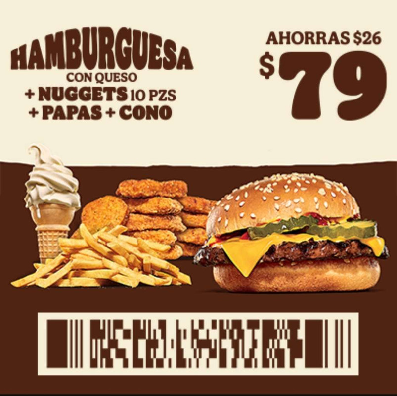 Burger king: hamburguesa con queso+10 nuggets+papas+cono por $79 