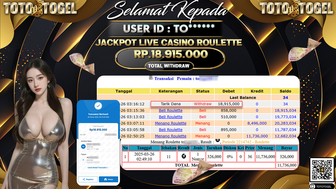 Bukti Pembayaran Jackpot  Permainan Live Casino Roulette ID:TO*** LUNAS