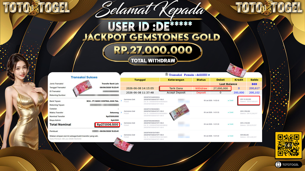 Bukti Pembayaran Jackpot Permainan Slot Gemstones Gold ID:DE*****LUNAS