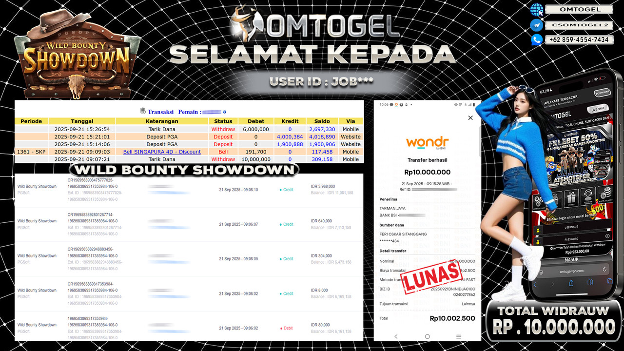 OMTOGEL JACKPOT PGSOFT WILD BOUNTY SHOWDOWN 10 JUTA DI BAYAR LUNAS ,-
