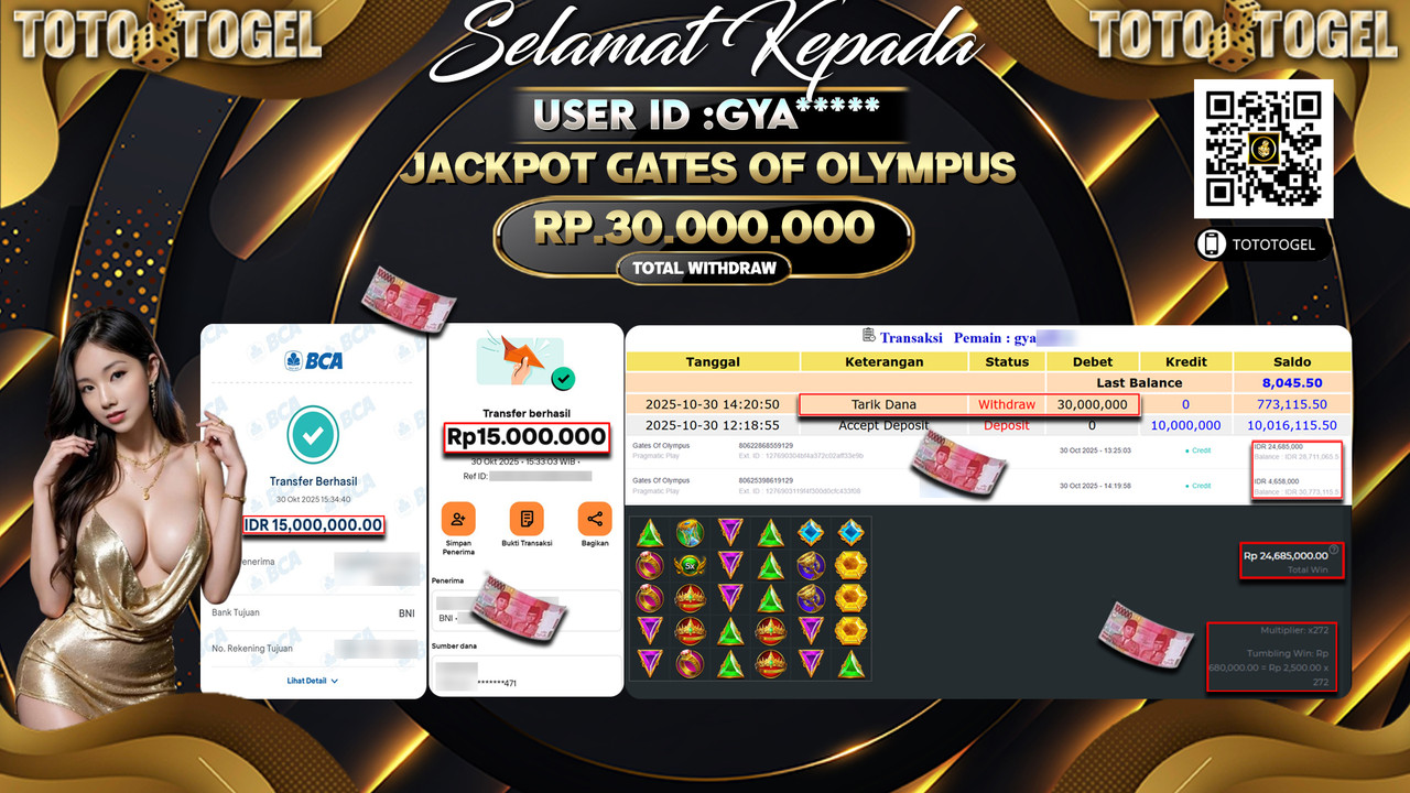 Bukti Pembayaran Jackpot Permainan Slot Gates Of Olympus ID:GYA**** LUNAS