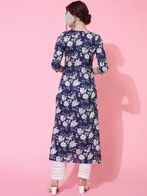 Blue Floral Printed Kurta for Women| 100% Pure Cotton | Straight Regular Fit | V-Neck | 3/4 Sleeves | Calf Length | Ideal for Formal, Daily & Office Wear Color 1 (KS170)