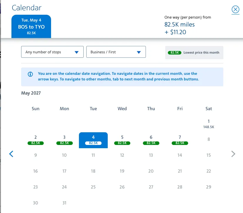 BOS to HND award search showing 82.5K business class