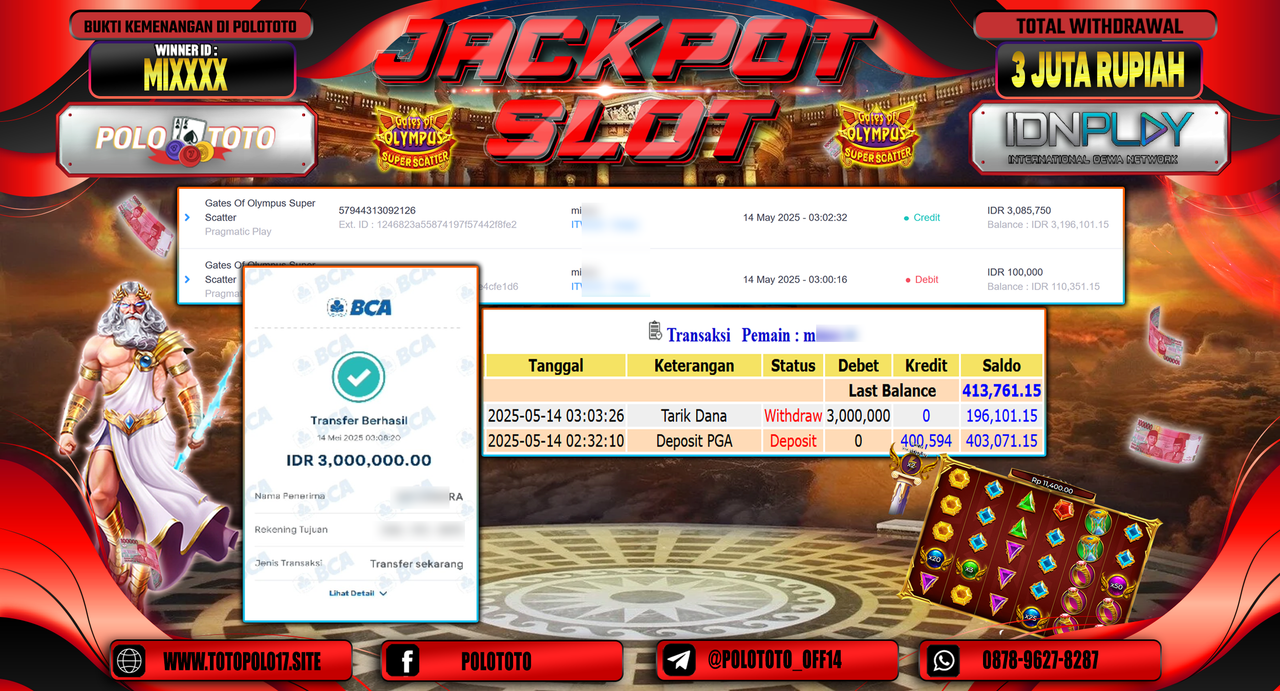POLOTOTO JACKPOT SLOT GATES OF OLYMPUS SUPER SCATTER Rp.3.000.000,-