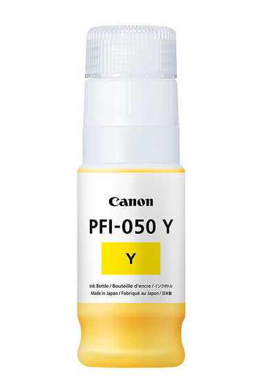 Botella de tinta original Canon PFI-050 de color amarillo.