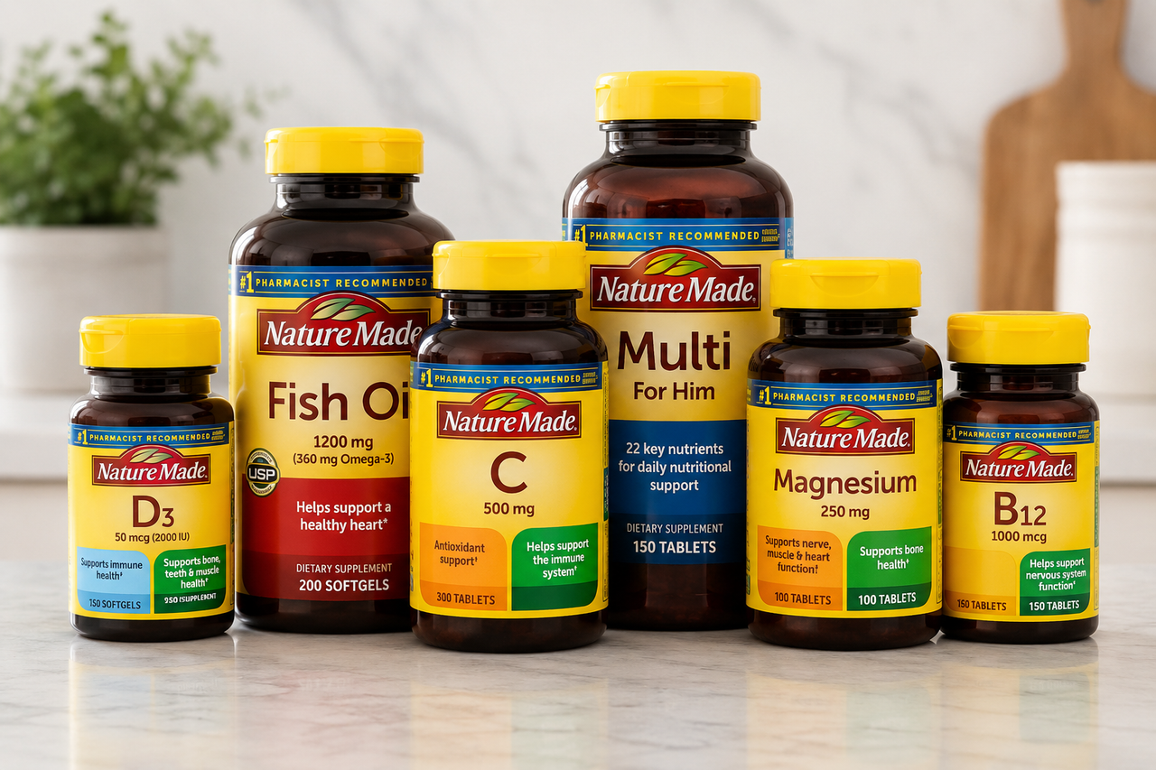 Nature Made supplements on kitchen countertop