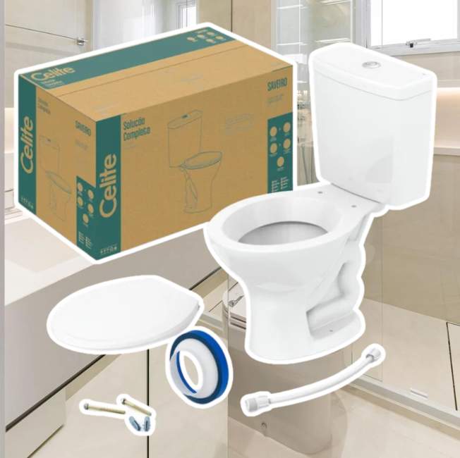 Kit Vaso Sanitário com Caixa Acoplada e Assento Saveiro Celite Branco Brilhante