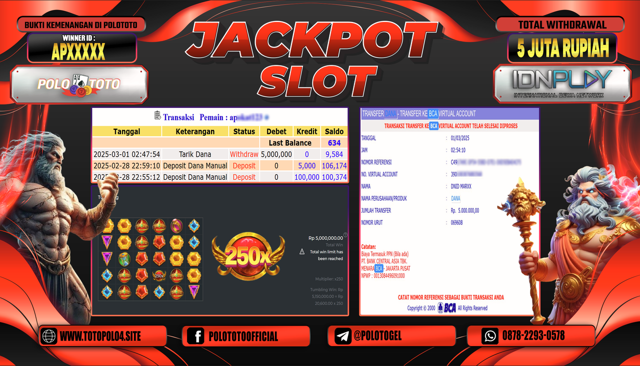 POLOTOTO JACKPOT SLOT GATES OF OLYMPUS 1000 Rp.5.000.000,-