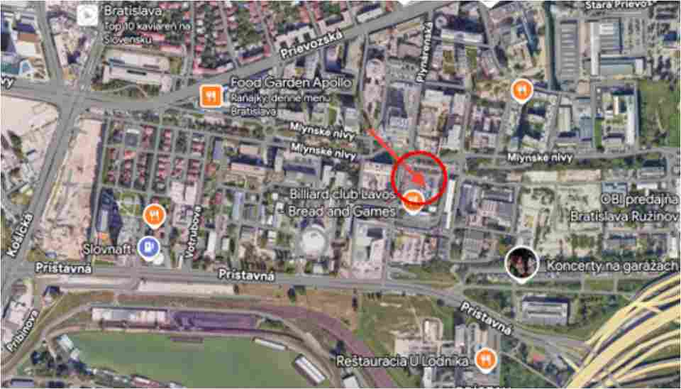 Mapa Mlynských nív, kde spoločnosť Immocap Boulevard plánuje výstavbu polyfunkčného komplexu AURA, ktorý má vyrásť na nároží ulíc Plynárenská a Mlynské nivy.