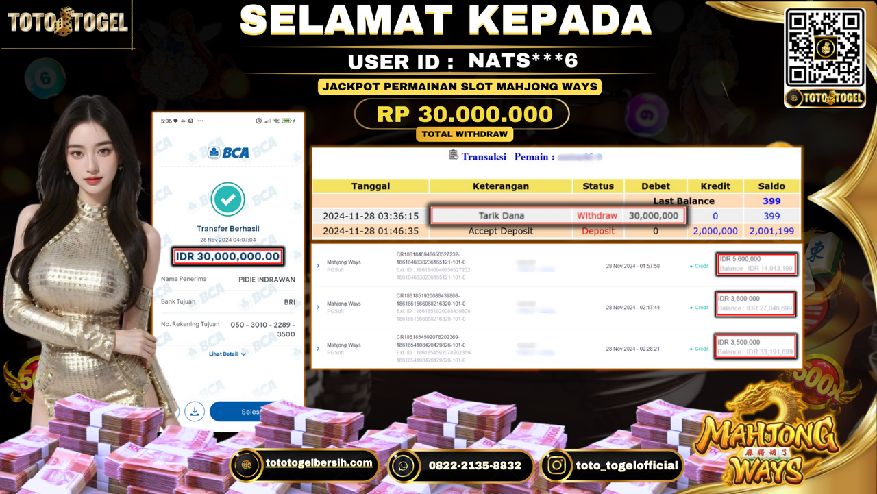 Bukti Pembayaran Jackpot Permainan Slot Mahjong Ways ID: NATS***6 LUNAS 