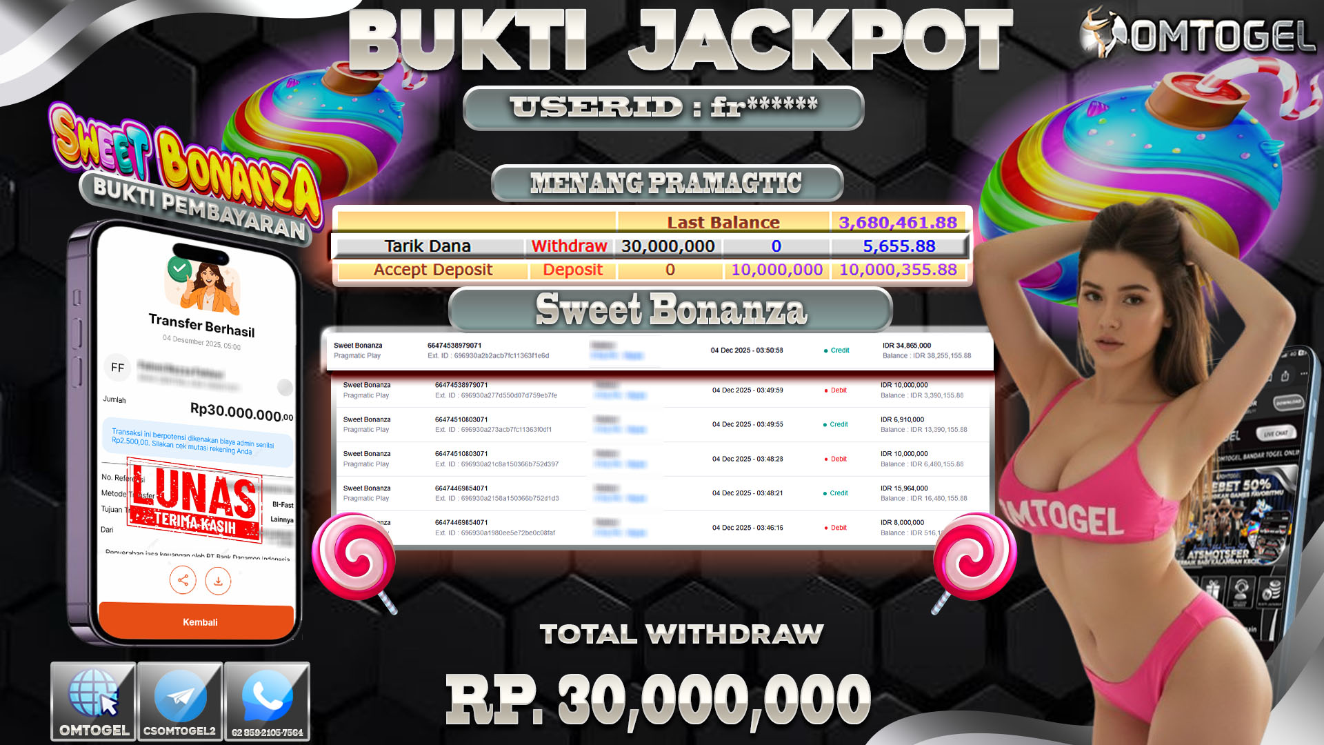 OMTOGEL JACKPOT PRAGMATIC PLAY SWEET BONANZA ,30 JUTA DI BAYAR LUNAS ,-