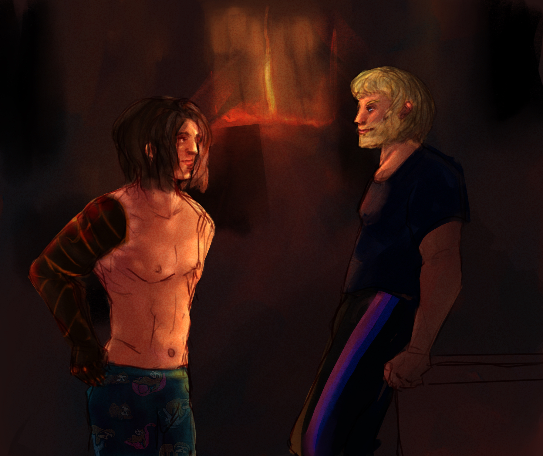 bucky and steve looking at each other in the dark with orange light coming in from the window