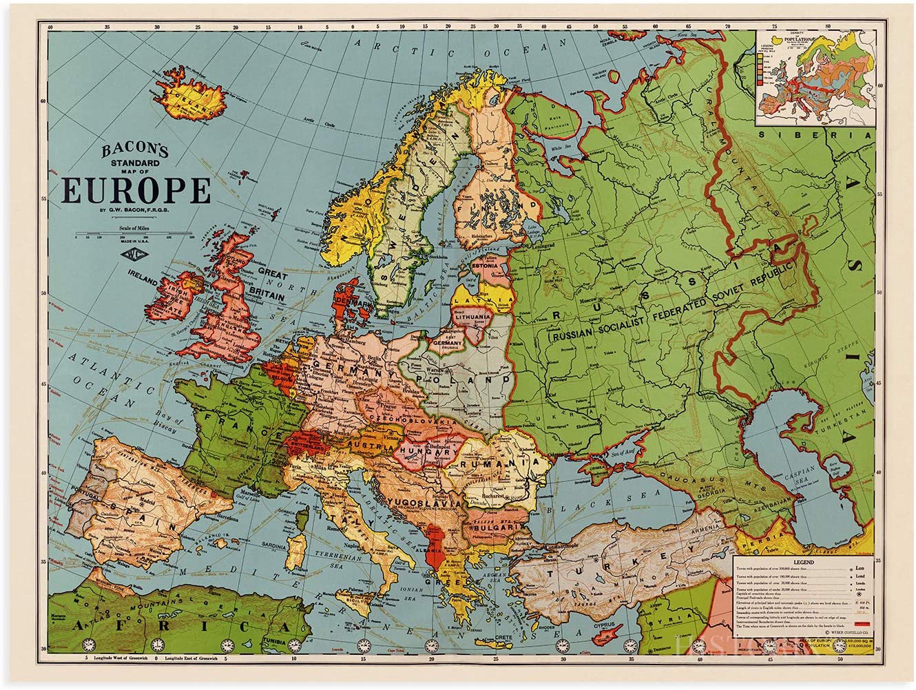1925 Map of Europe Poster - Vintage Standard Map of Europ Wall Art Decor Print - Picture 17 of 24