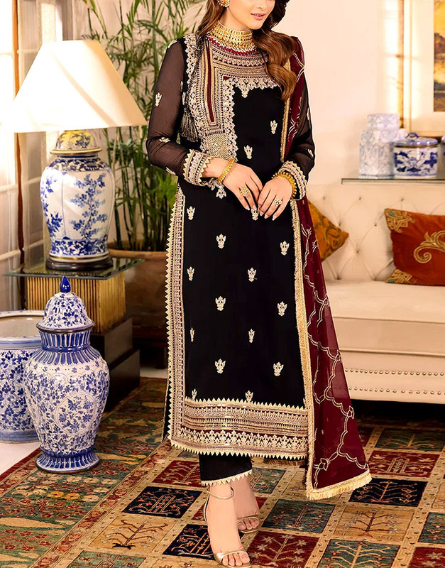 Elegant Embroidered Black Chiffon Party Wear Dress | Unstitched Suit