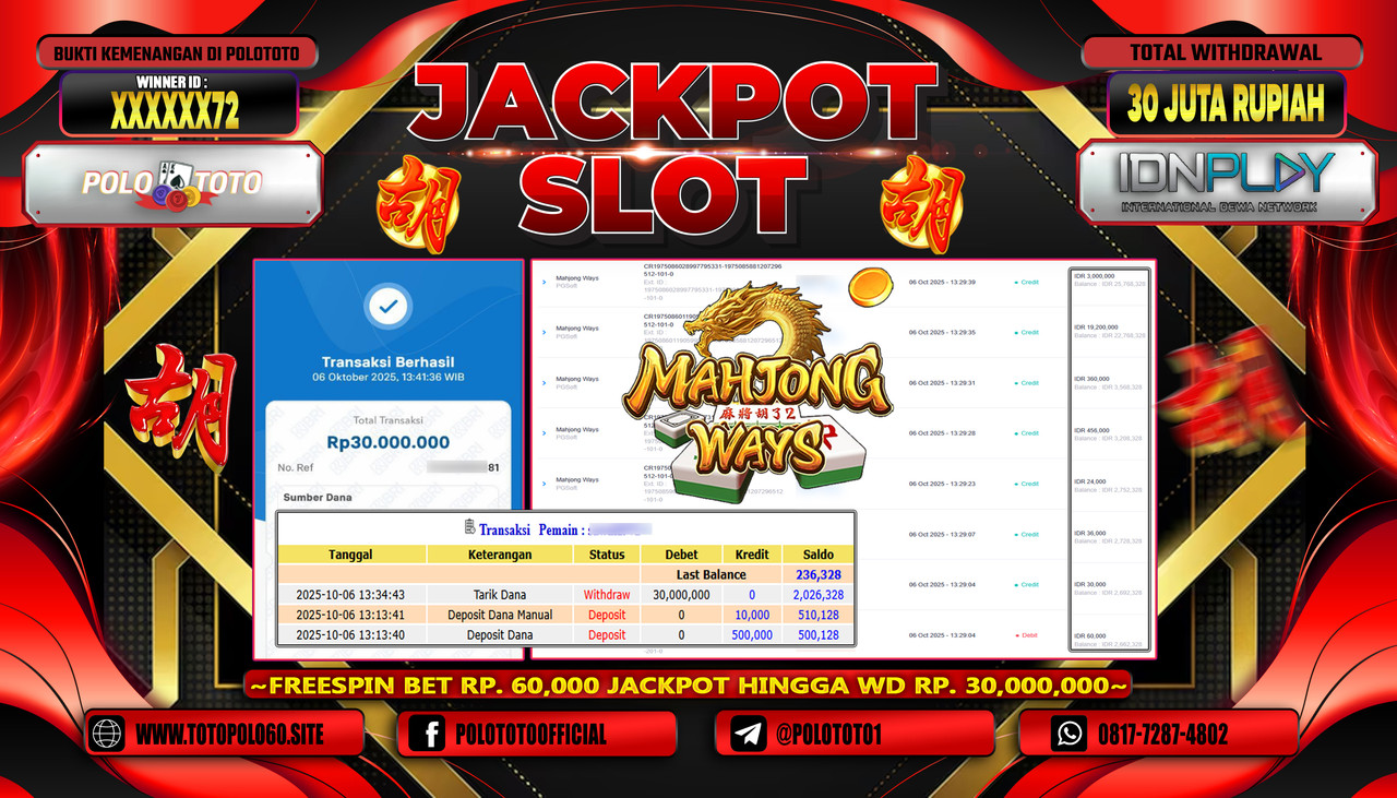 POLOTOTO JACKPOT SLOT MAHJONG WAYS Rp.30.000.000,- LUNAS