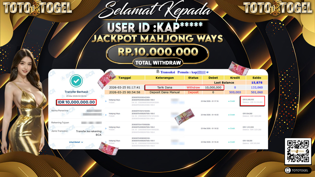 Bukti Pembayaran Jackpot Permainan Slot Mahjong Ways ID:KAP*****LUNAS
