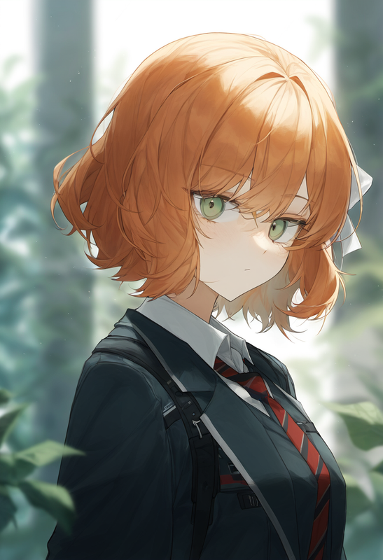 depth of field, 1girl, ishmael (limbus company), short hair, orange hair, {{gree s-3655136584