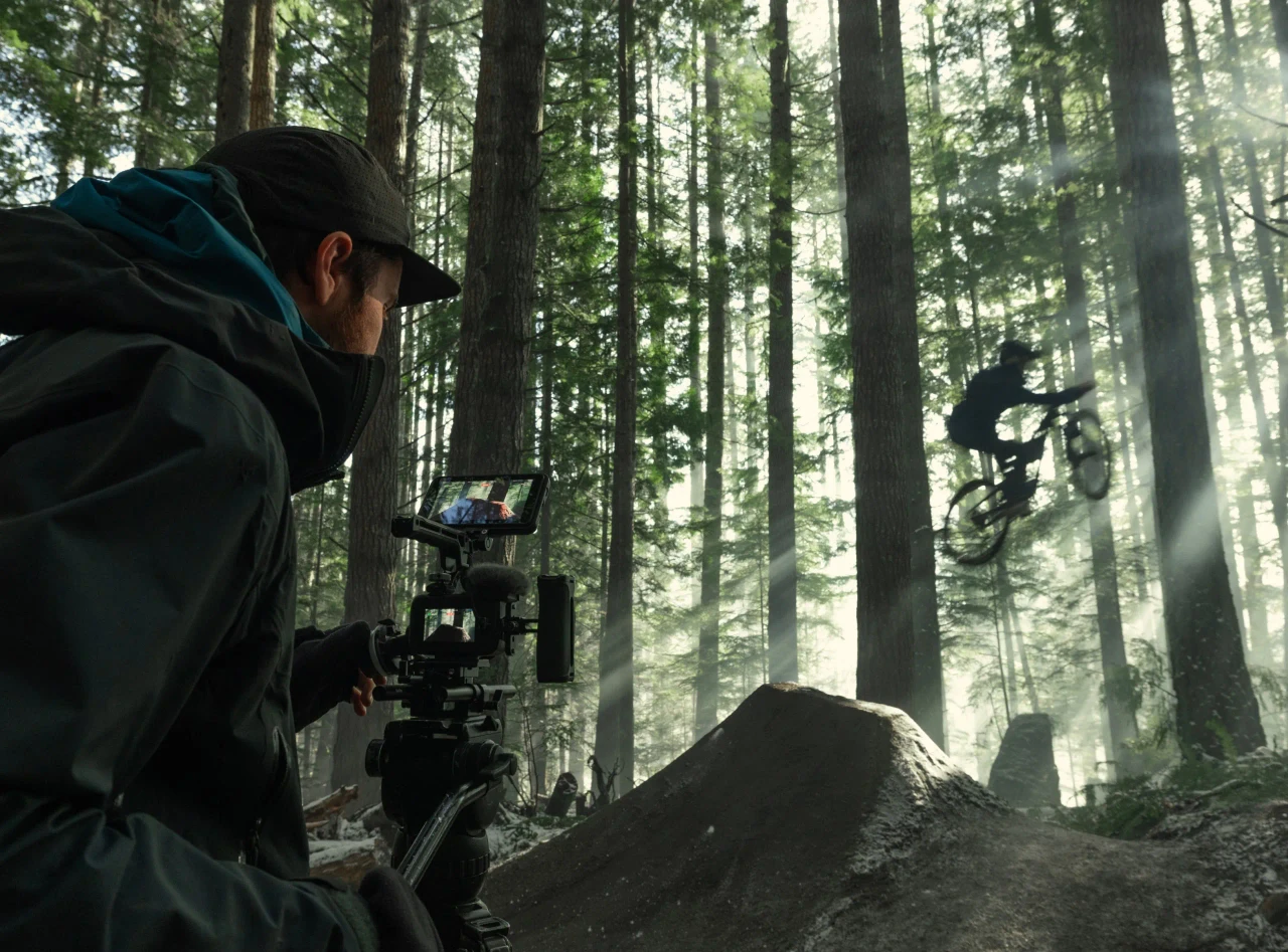 Filming a mountain biker jumping through misty forest light