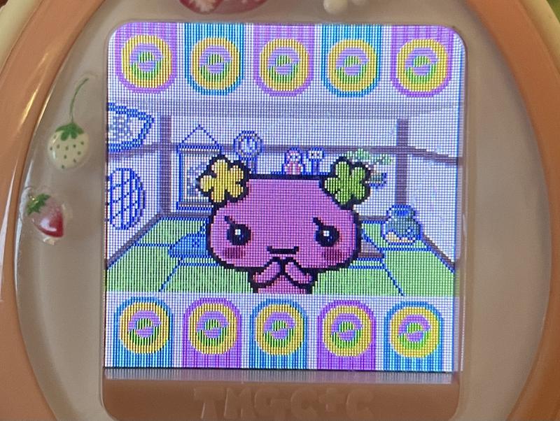 close up photograph of a tamagotchi plus color device. furawatchi has come up closer to the viewer and is smiling shyly