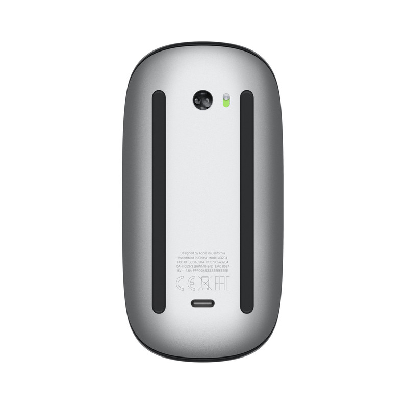 Vista de perfil del Magic Mouse, destacando su diseño bajo y elegante.