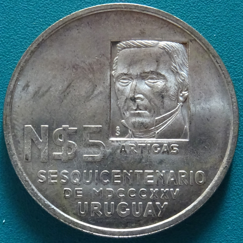5 Nuevos Pesos. Uruguay (1975) 150º Aniversario de la Independencia. URU-5-Nuevos-Pesos-1975-Sesquicentenario-de-Uruguay-anv