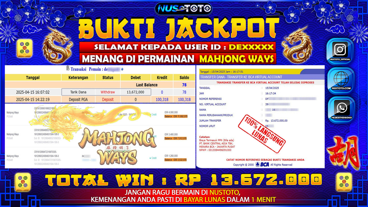 JACKPOT !! MENANG BESAR DI MAHJONG WAYS Rp. 13.672.000 LANGSUNG DI BAYAR LUNAS NUSTOTO !!