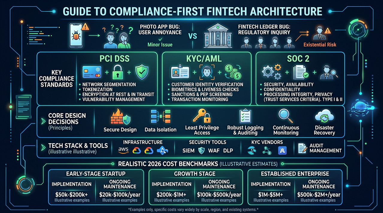 Infographic titled "Guide to Compliance-First Fintech Architecture" comparing a photo app bug (minor issue) to a fintech ledger bug (regulatory inquiry), showing three compliance standards — PCI DSS, KYC/AML, SOC 2 — core design decisions (secure design, data isolation, least privilege access, logging, monitoring, disaster recovery), illustrative tech stack tools, and 2026 cost benchmark ranges for early-stage startup, growth stage, and established enterprise fintech builds