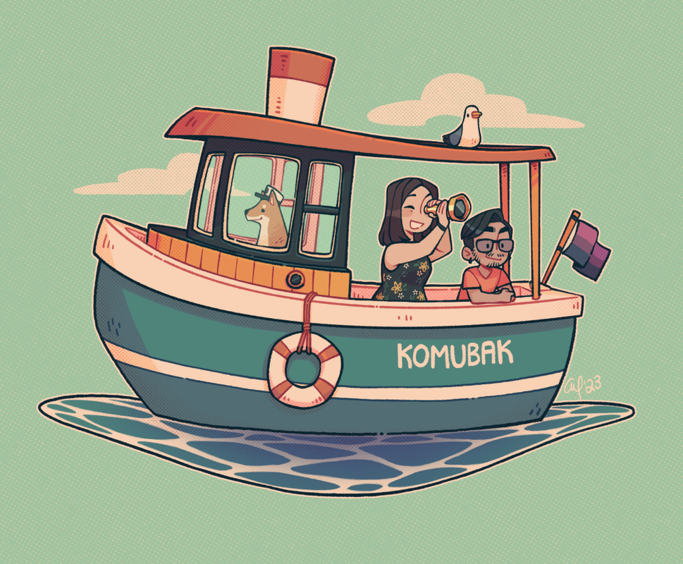 A drawing of Eden and myself, riding on a small blue and white ship named "komubak". Eden's dog Haru is in the captain's seat, while she stands outside next to me, looking through a sailor's telescope. There is a seagull perched above on the ship's awning.