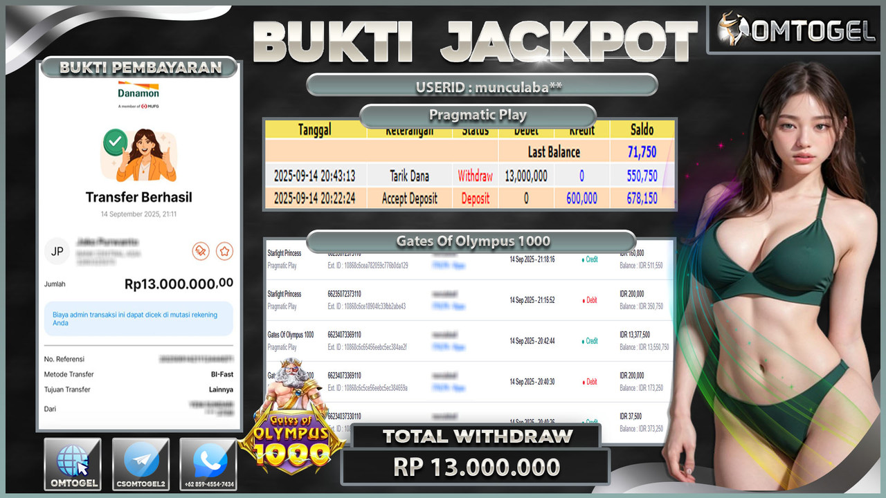 OMTOGEL JACKPOT PRAGMATIC PLAY GATES OF OLYMPUS 1000 13 JUTA DI BAYAR LUNAS ,-