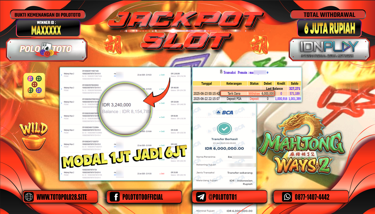 POLOTOTO JACKPOT SLOT MAHJONG WAYS 2 Rp.6.000.000,-