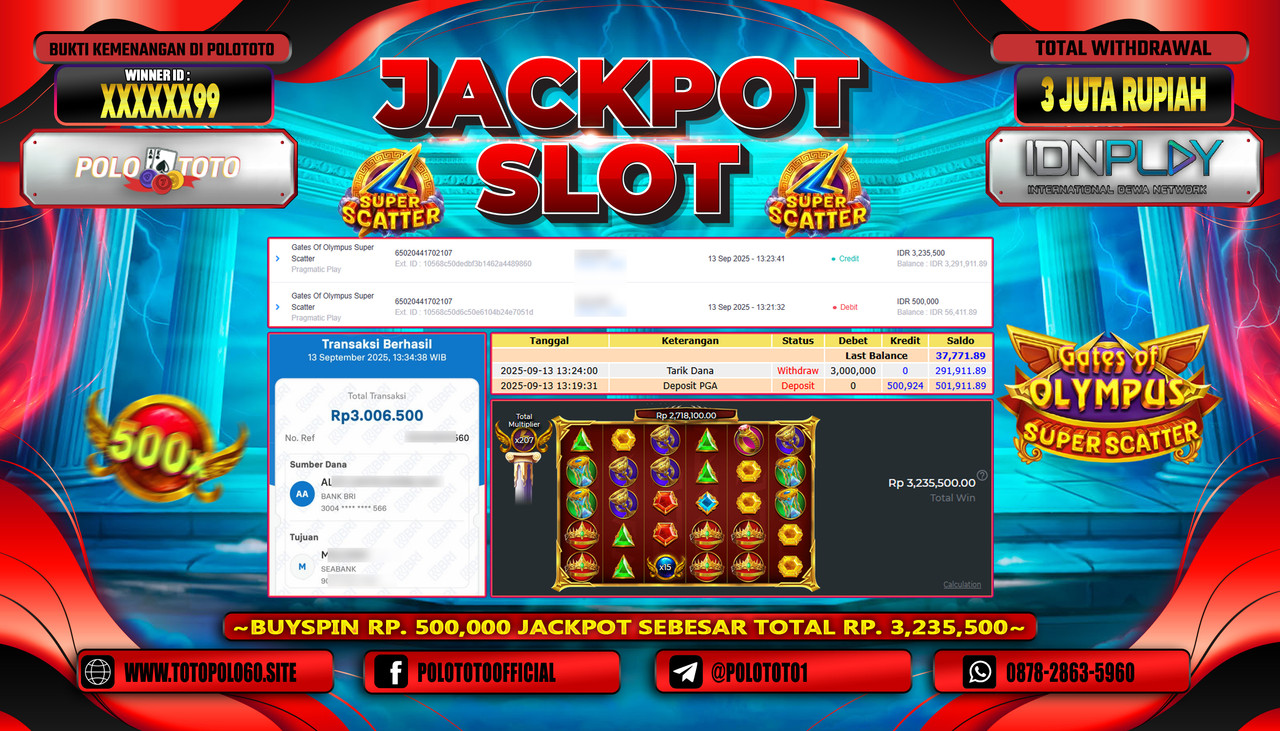POLOTOTO JACKPOT SLOT GATES OF OLYMPUS SUPER SCATTER Rp.3.000.000,-LUNAS
